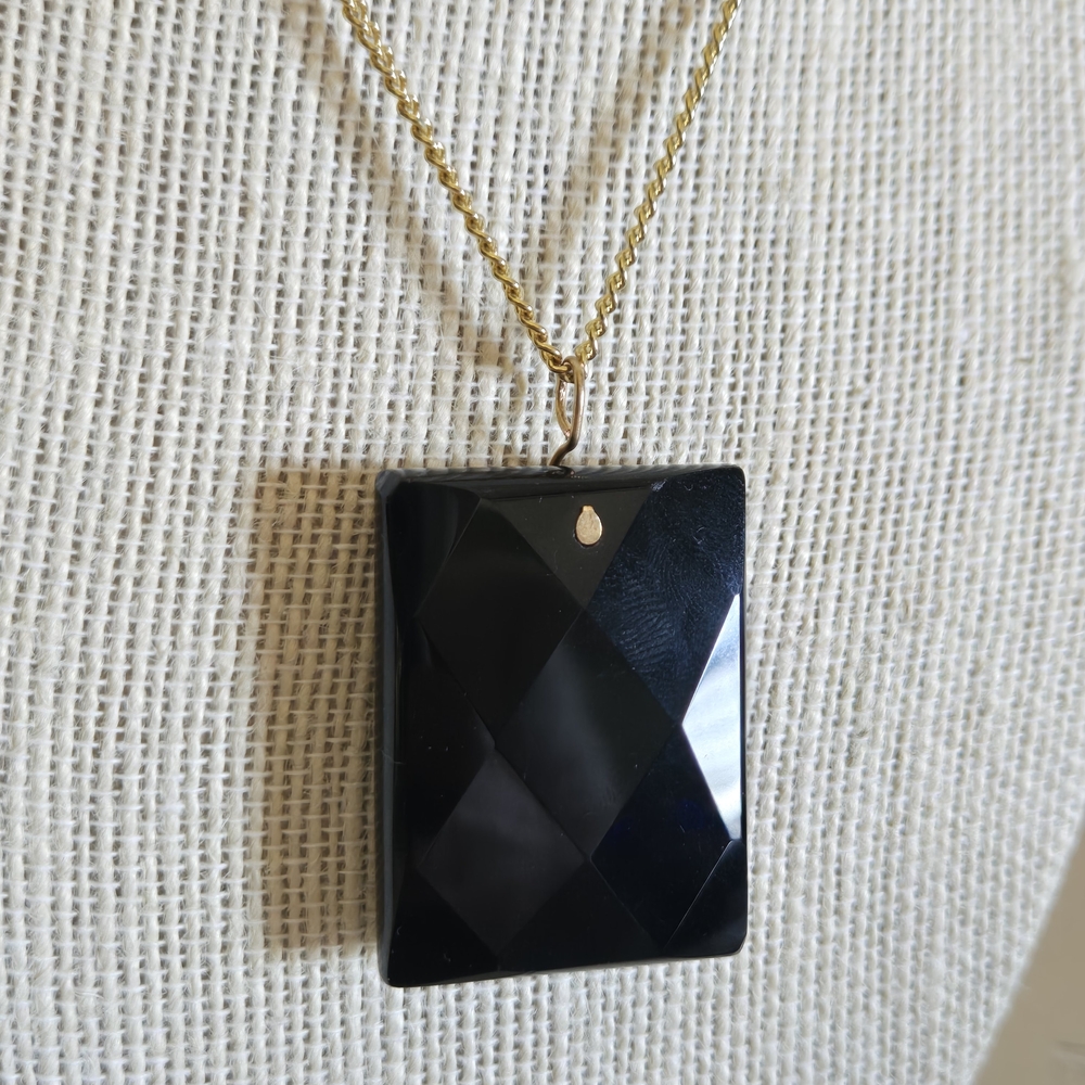Faceted Obsidian Black Pendant 1.5" Necklace
